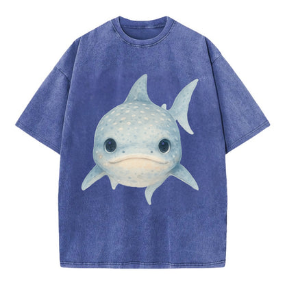 Baby Whale Shark - spotted blue-gray, wide mouth closed, tiny eyes, front-facing, - Vintage T-shirt - Blue