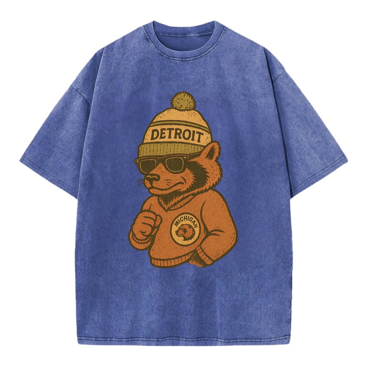 Michigan Wolverine wearing Detroit beanie with pom pom and wayfarer sunglasses - Vintage T-shirt - Blue