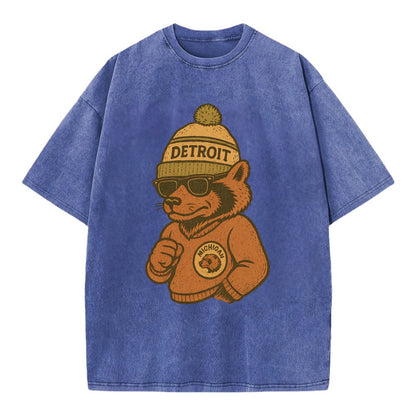 Michigan Wolverine wearing Detroit beanie with pom pom and wayfarer sunglasses - Vintage T-shirt - Blue