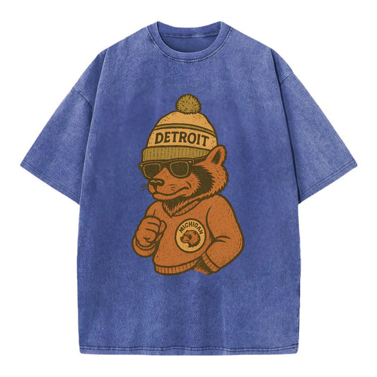 Michigan Wolverine wearing Detroit beanie with pom pom and wayfarer sunglasses - Vintage T-shirt - Blue