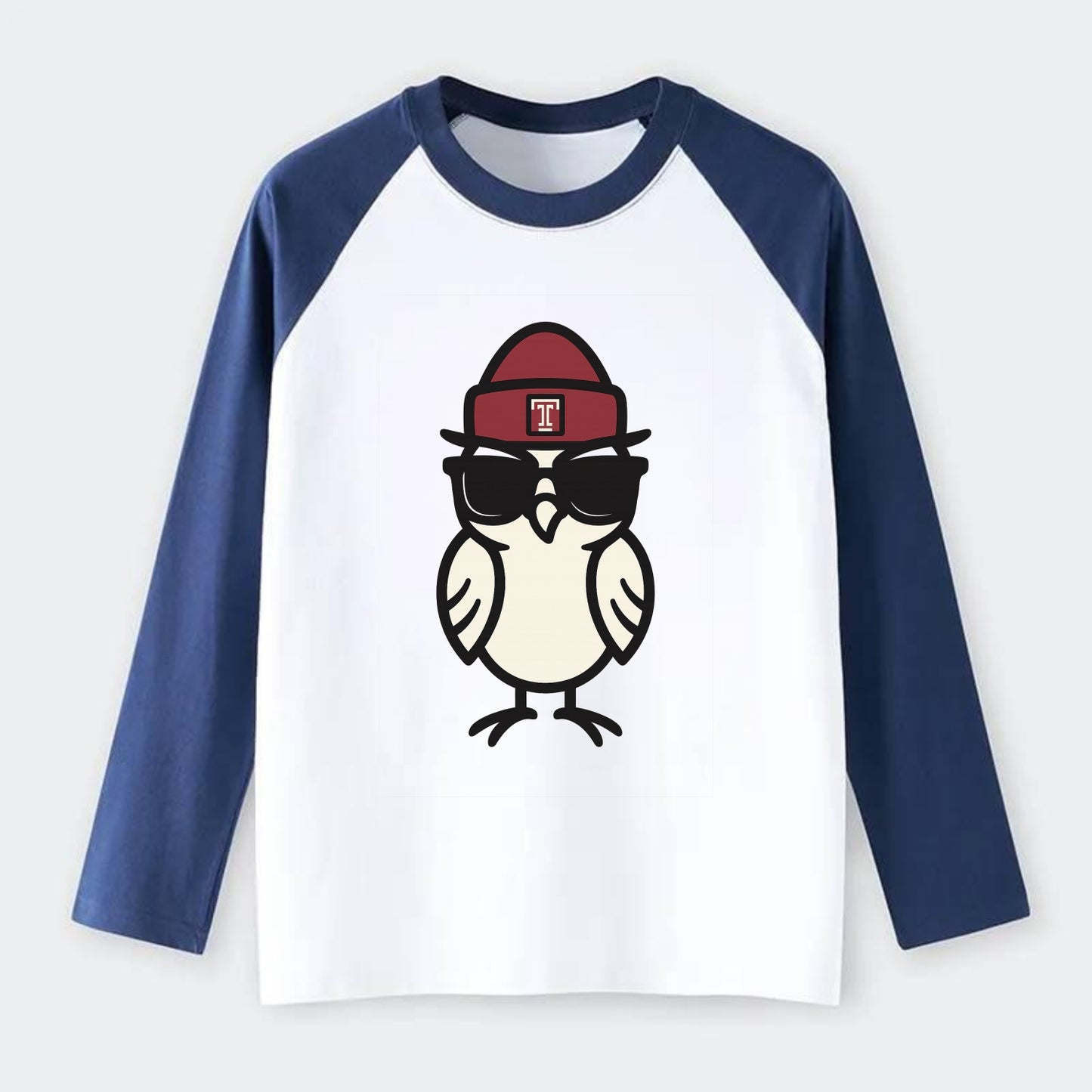 Philadelphia Owl wearing Temple beanie with T patch - Raglan Long Sleeve T-Shirt - Blue