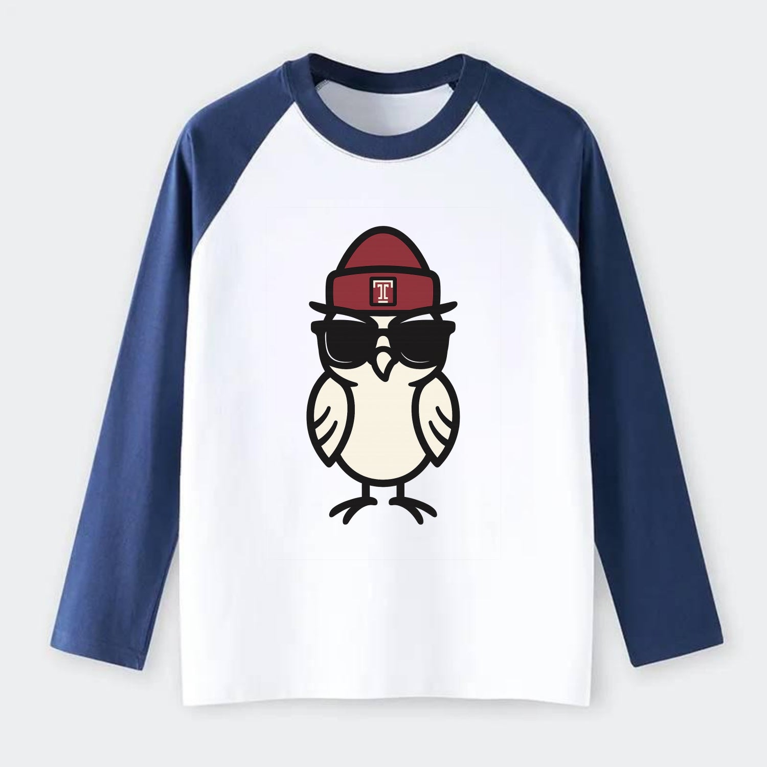 Philadelphia Owl wearing Temple beanie with T patch - Raglan Long Sleeve T-Shirt - Blue