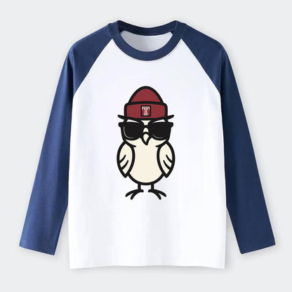 Philadelphia Owl wearing Temple beanie with T patch - Raglan Long Sleeve T-Shirt - Blue