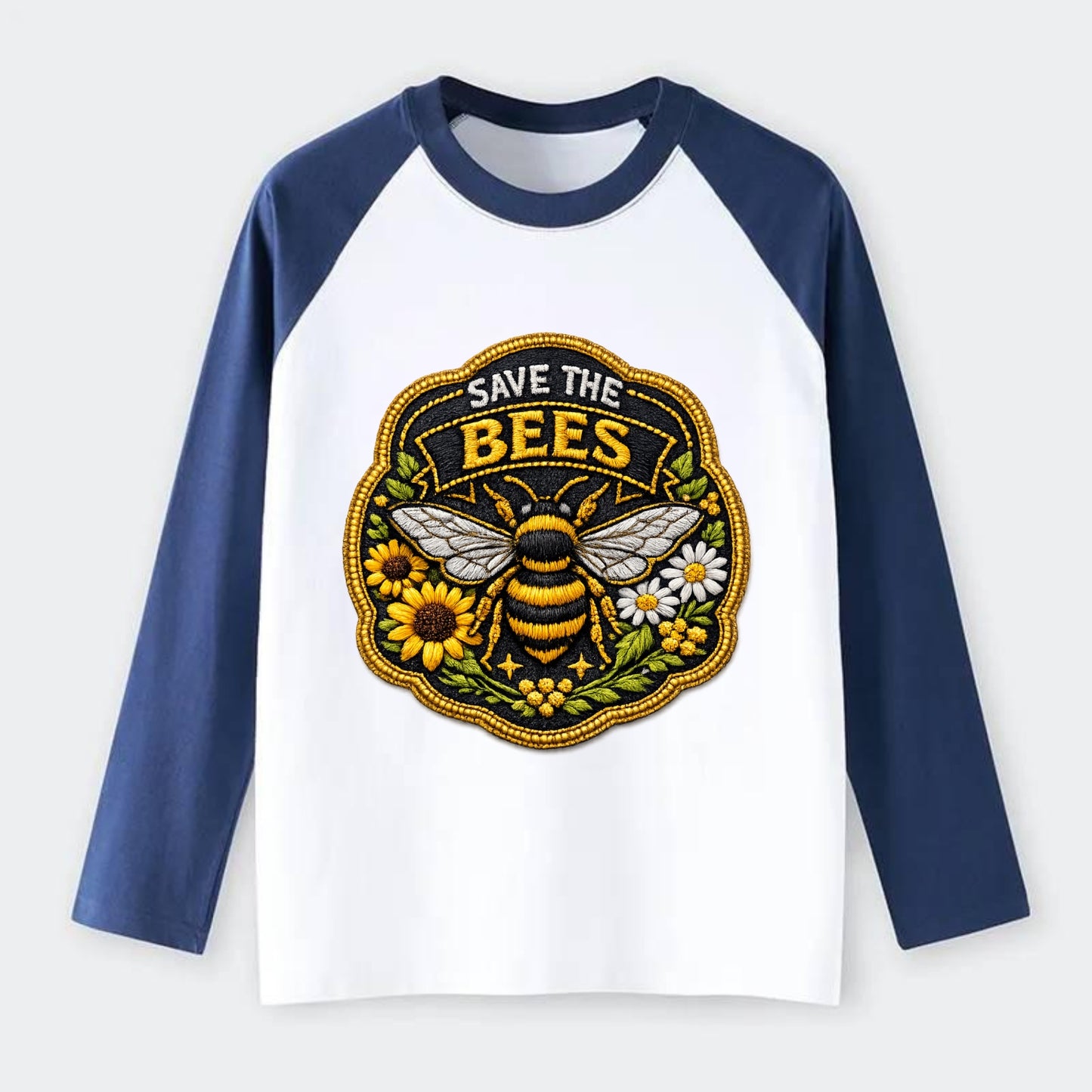 SAVE THE BEES - bee with flowers in yellow , pollinator protection - Raglan Long Sleeve T-Shirt - Blue