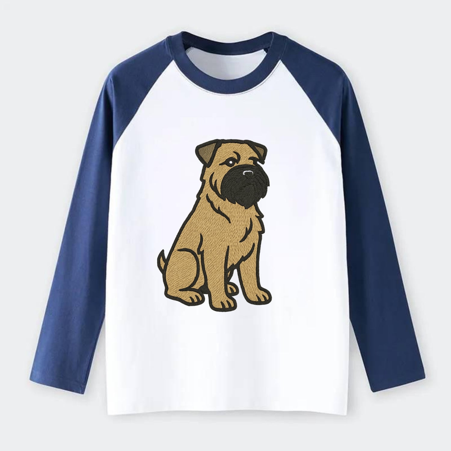 Bouvier des Flandres - Fawn rough coat embroidered design - Raglan Long Sleeve T-Shirt - Blue