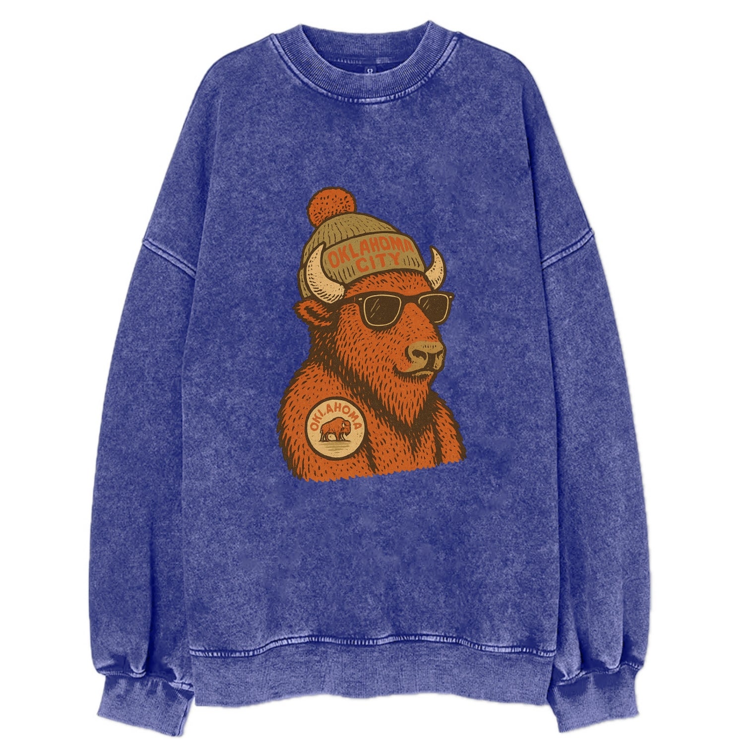 Oklahoma Buffalo wearing Oklahoma City beanie with pom pom and wayfarer - Vintage Sweatshirt - Blue