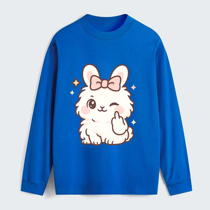 fluffy white angora rabbit with pink bow, one paw delicately flipping - Classic Long Sleeve Shirt - Blue