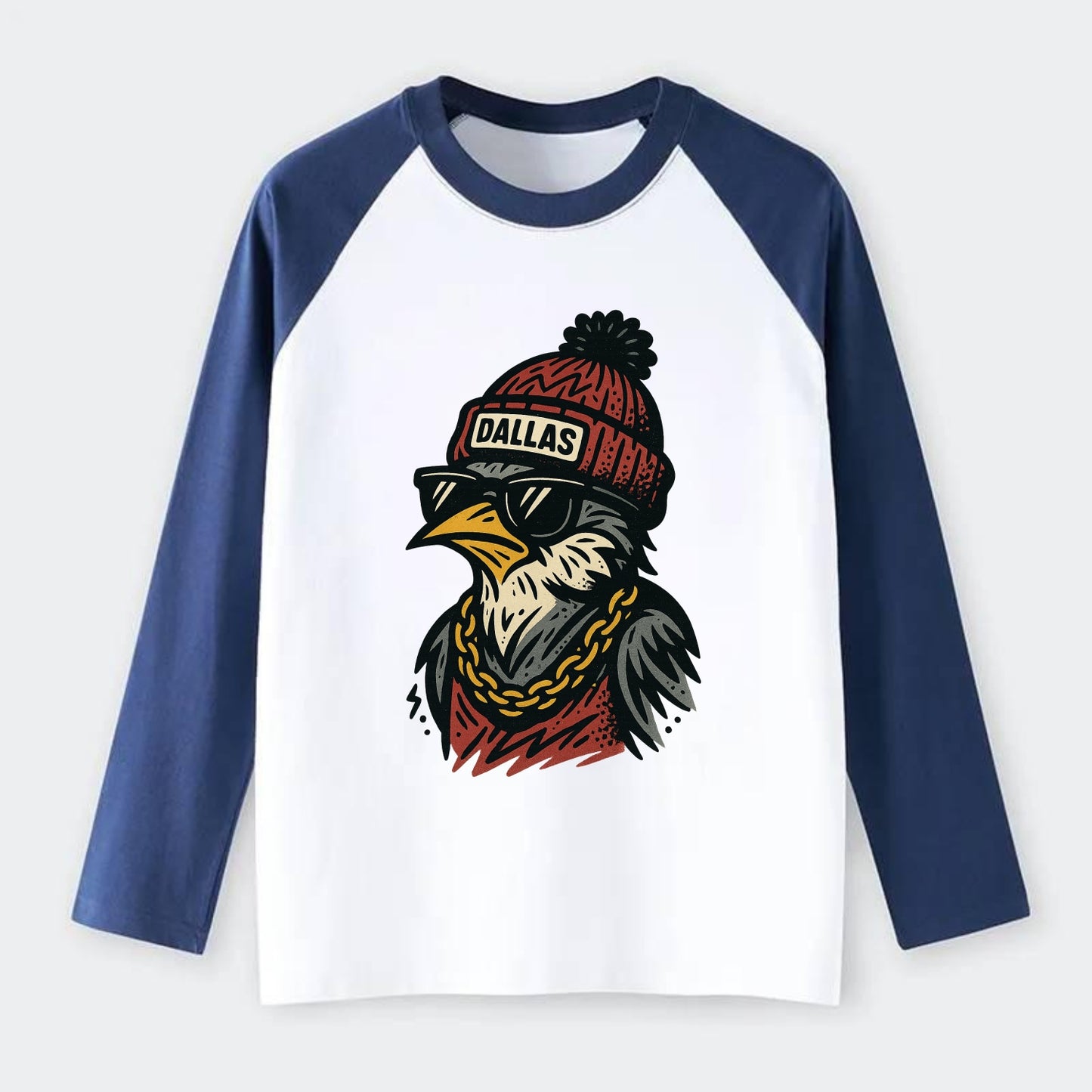 Dallas Mockingbird wearing Dallas beanie with pom pom and wayfarer - Raglan Long Sleeve T-Shirt - Blue