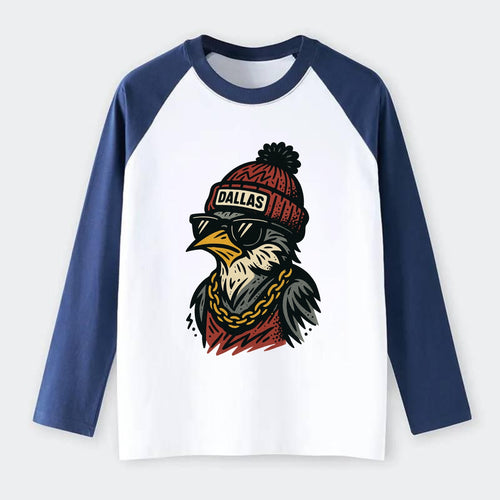 Dallas Mockingbird wearing Dallas beanie with pom pom and wayfarer - Raglan Long Sleeve T-Shirt