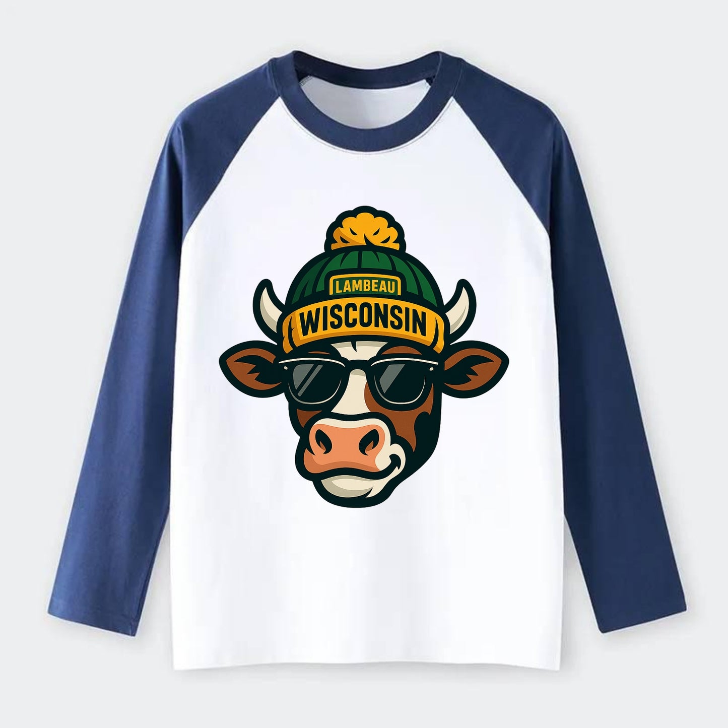 Wisconsin Cow wearing Packers beanie with Lambeau patch and wayfarer - Raglan Long Sleeve T-Shirt - Blue