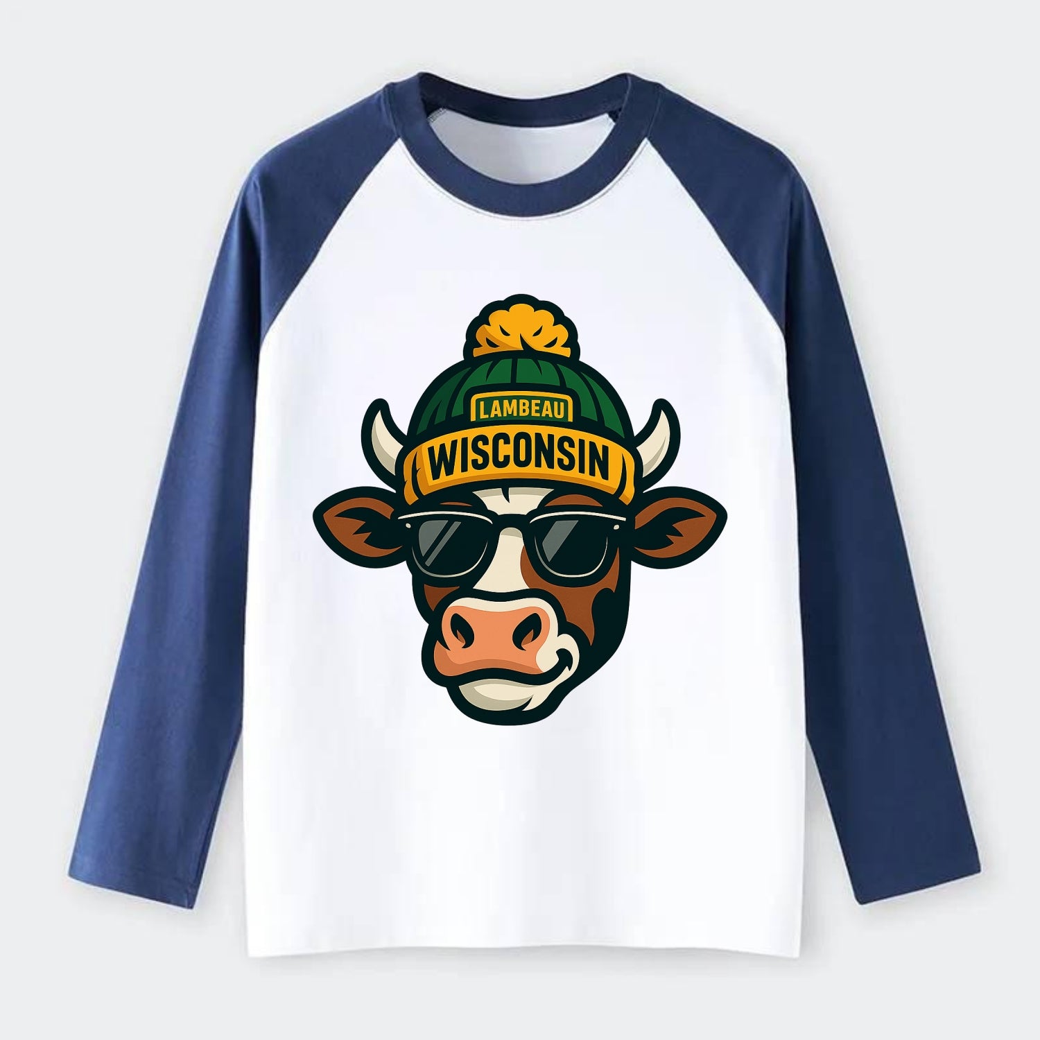 Wisconsin Cow wearing Packers beanie with Lambeau patch and wayfarer - Raglan Long Sleeve T-Shirt - Blue