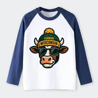 Wisconsin Cow wearing Packers beanie with Lambeau patch and wayfarer - Raglan Long Sleeve T-Shirt - Blue