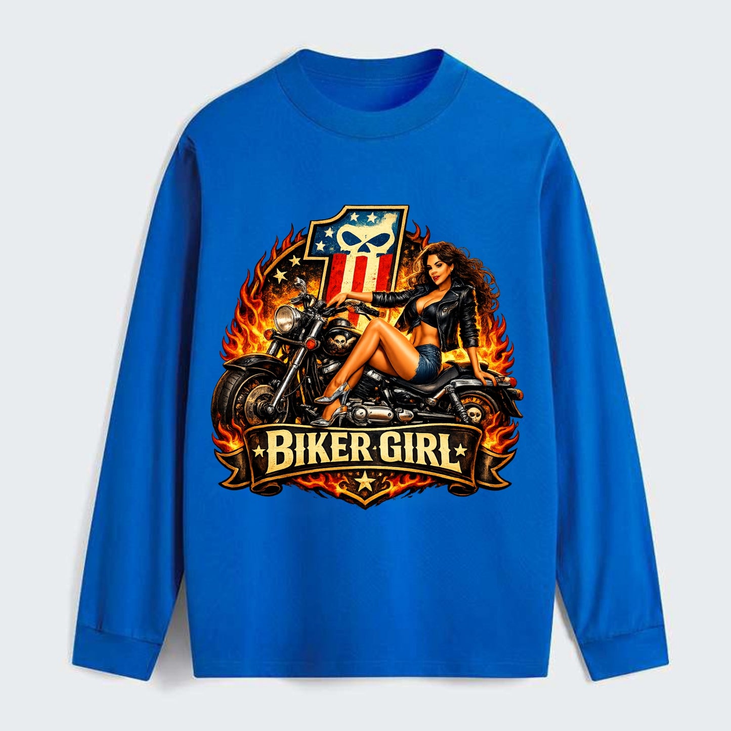 Vintage Biker Pin Up - Classic Long Sleeve Shirt - Blue