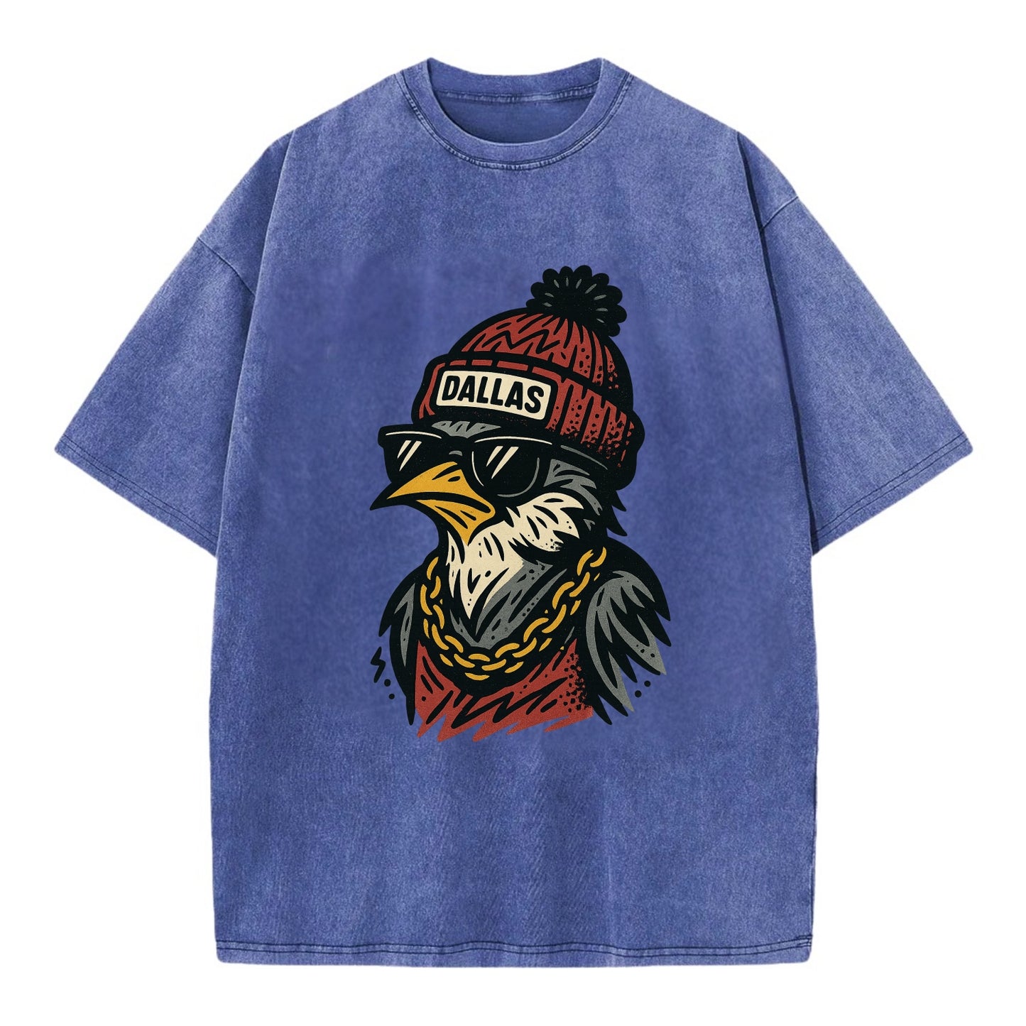 Dallas Mockingbird wearing Dallas beanie with pom pom and wayfarer sunglasses - Vintage T-shirt - Blue