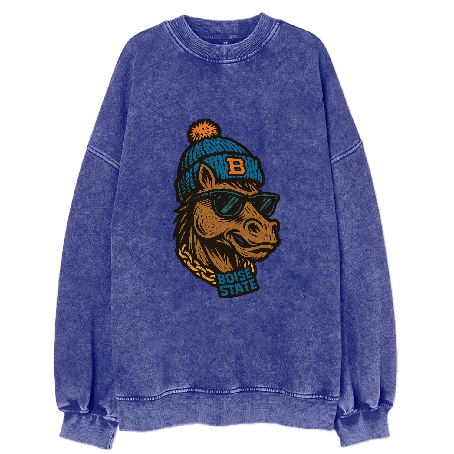 Boise Bronco wearing Boise State beanie with B patch - Vintage Sweatshirt - Blue