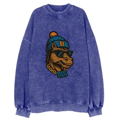 Boise Bronco wearing Boise State beanie with B patch - Vintage Sweatshirt - Blue