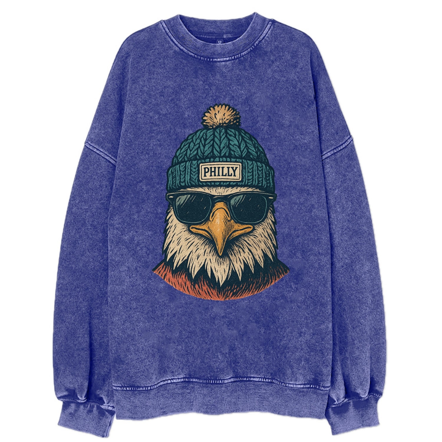 Philadelphia Eagle wearing Philly beanie with pom pom and wayfarer sunglasses - Vintage Sweatshirt - Blue