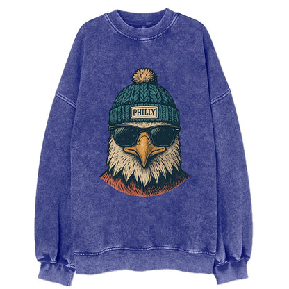 Philadelphia Eagle wearing Philly beanie with pom pom and wayfarer sunglasses - Vintage Sweatshirt - Blue