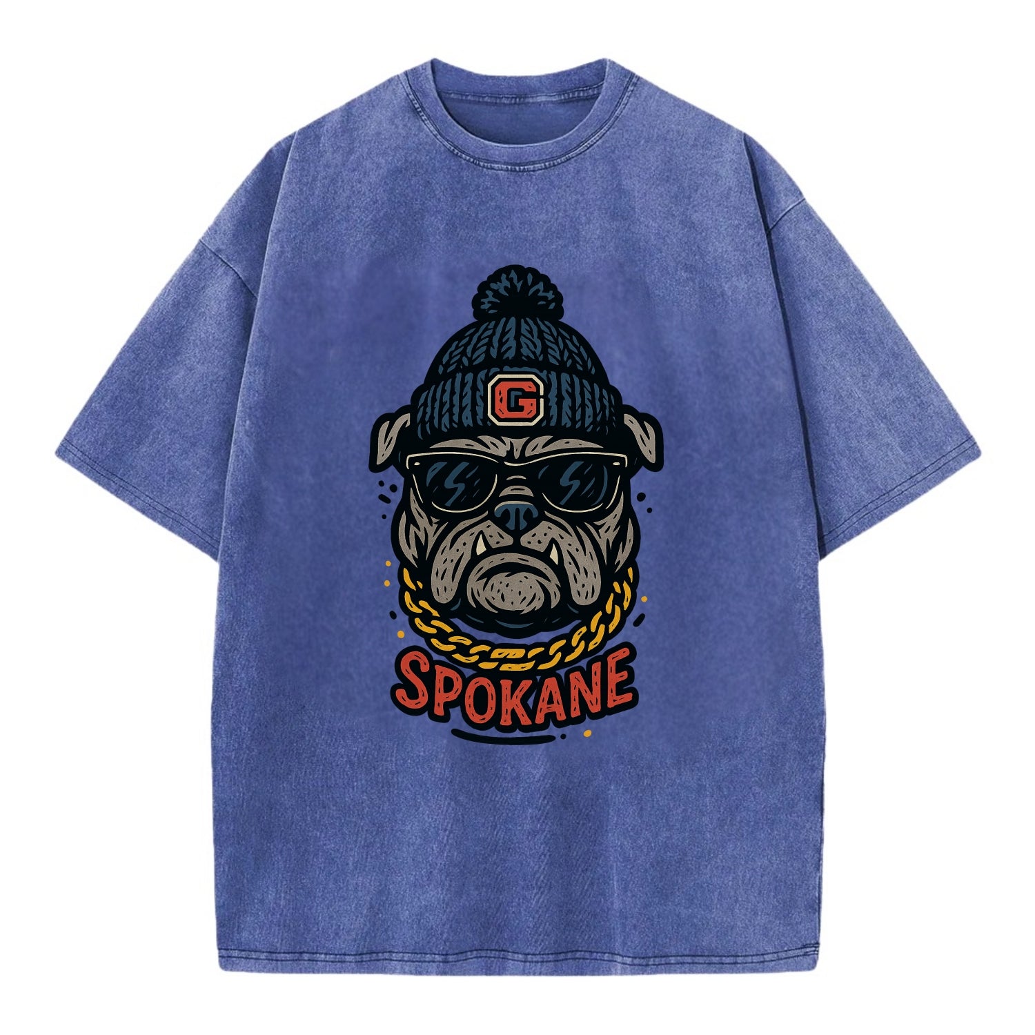 Spokane Bulldog wearing Gonzaga beanie with G patch - Vintage T-shirt - Blue