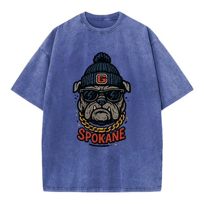 Spokane Bulldog wearing Gonzaga beanie with G patch - Vintage T-shirt - Blue