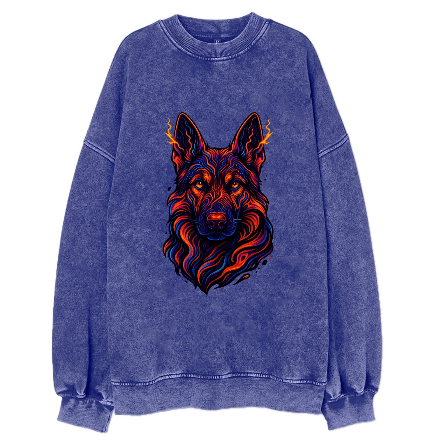 Alert German Shepherd with cyber circuit patterns in the fur, neon orange and - Vintage Sweatshirt - Blue