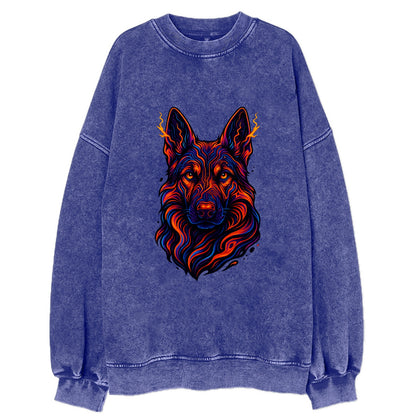 Alert German Shepherd with cyber circuit patterns in the fur, neon orange and - Vintage Sweatshirt - Blue
