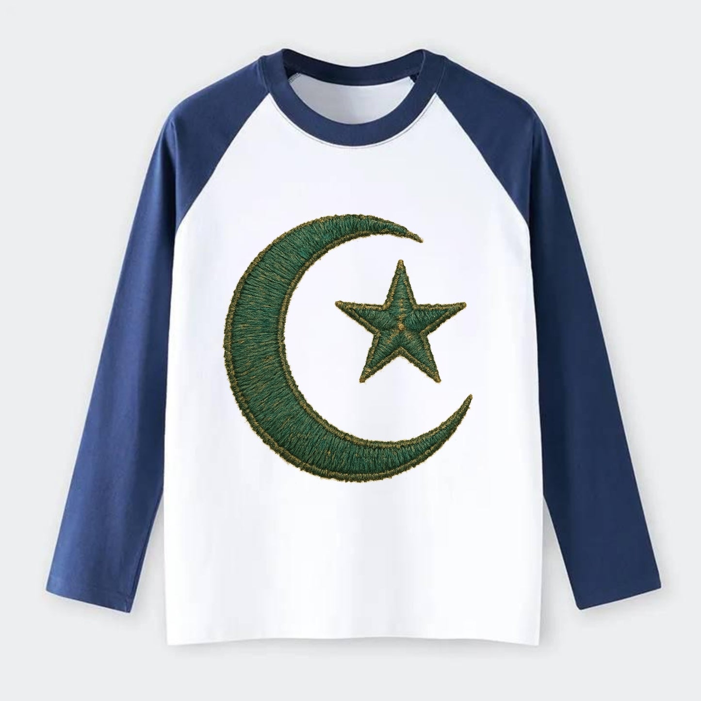 Crescent Moon and Star - Raglan Long Sleeve T-Shirt - Blue