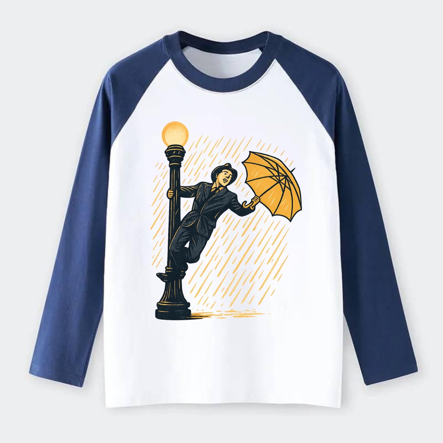 joyful dancing on lamppost in heavy rain with big smile - Raglan Long Sleeve T-Shirt - Blue