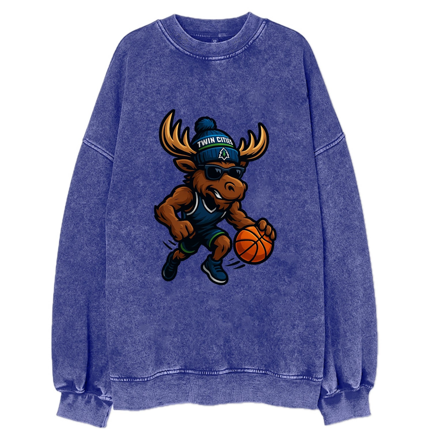 Twin Cities Moose wearing Timberwolves beanie with pine tree patch and - Vintage Sweatshirt - Blue