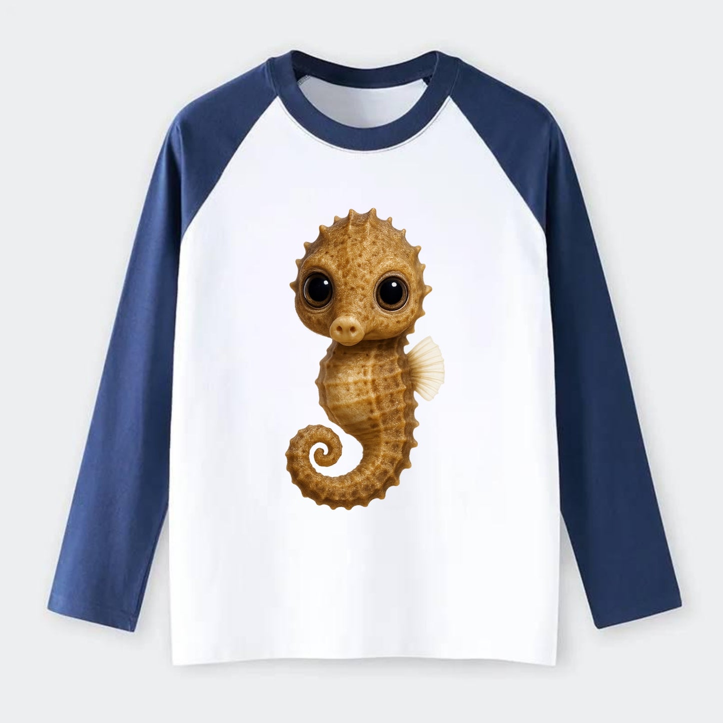 Baby Seahorse - curled tail, snout, large eyes, front-facing, delicate - Raglan Long Sleeve T-Shirt - Blue