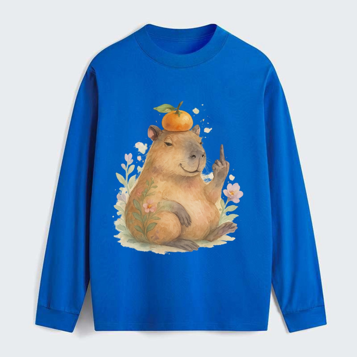 chonky capybara relaxing with orange on head, one webbed middle finger - Classic Long Sleeve Shirt - Blue