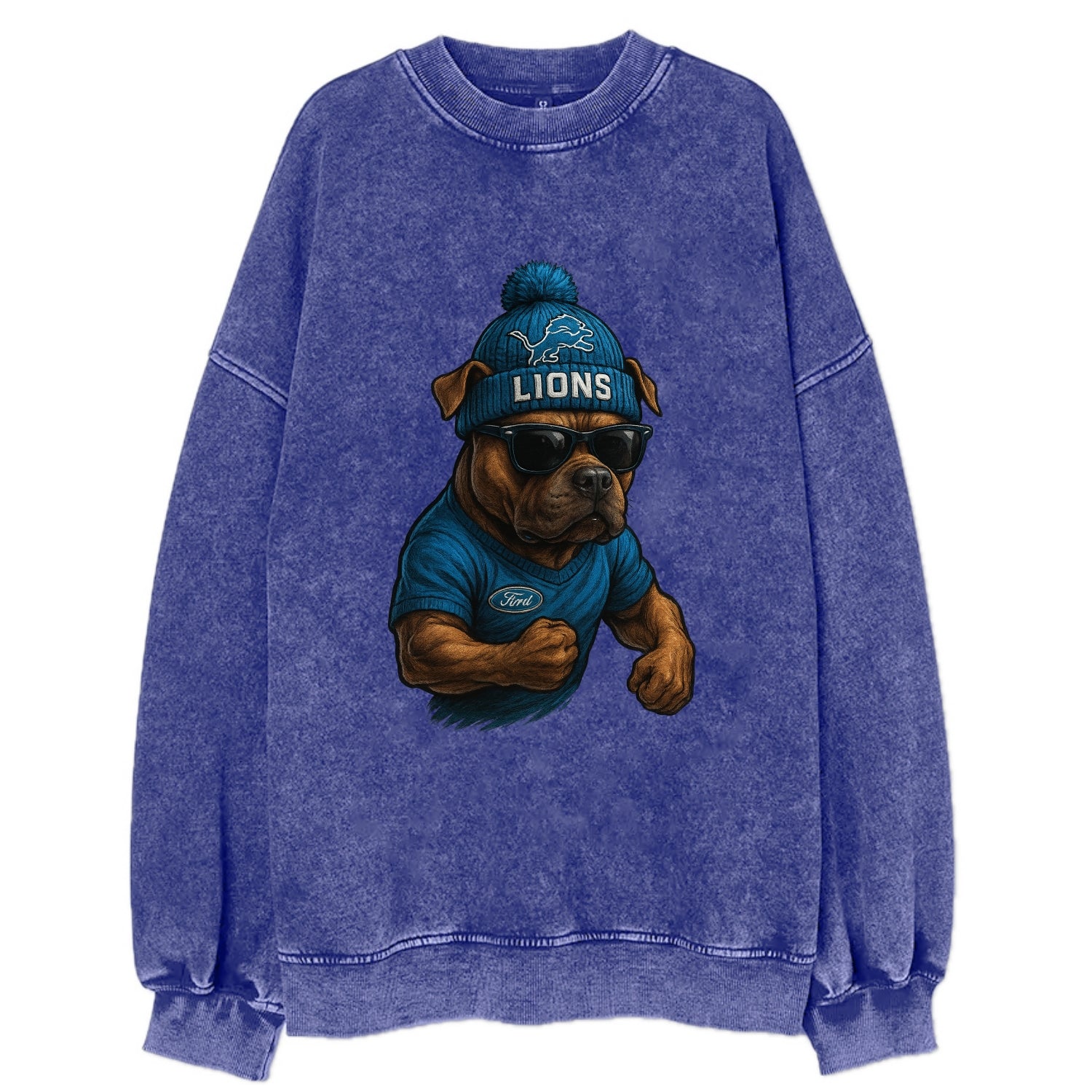 Detroit Pitbull wearing Lions beanie with auto patch and wayfarer sunglasses - Vintage Sweatshirt - Blue