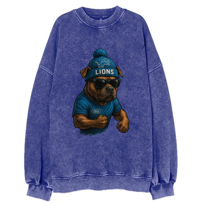 Detroit Pitbull wearing Lions beanie with auto patch and wayfarer sunglasses - Vintage Sweatshirt - Blue