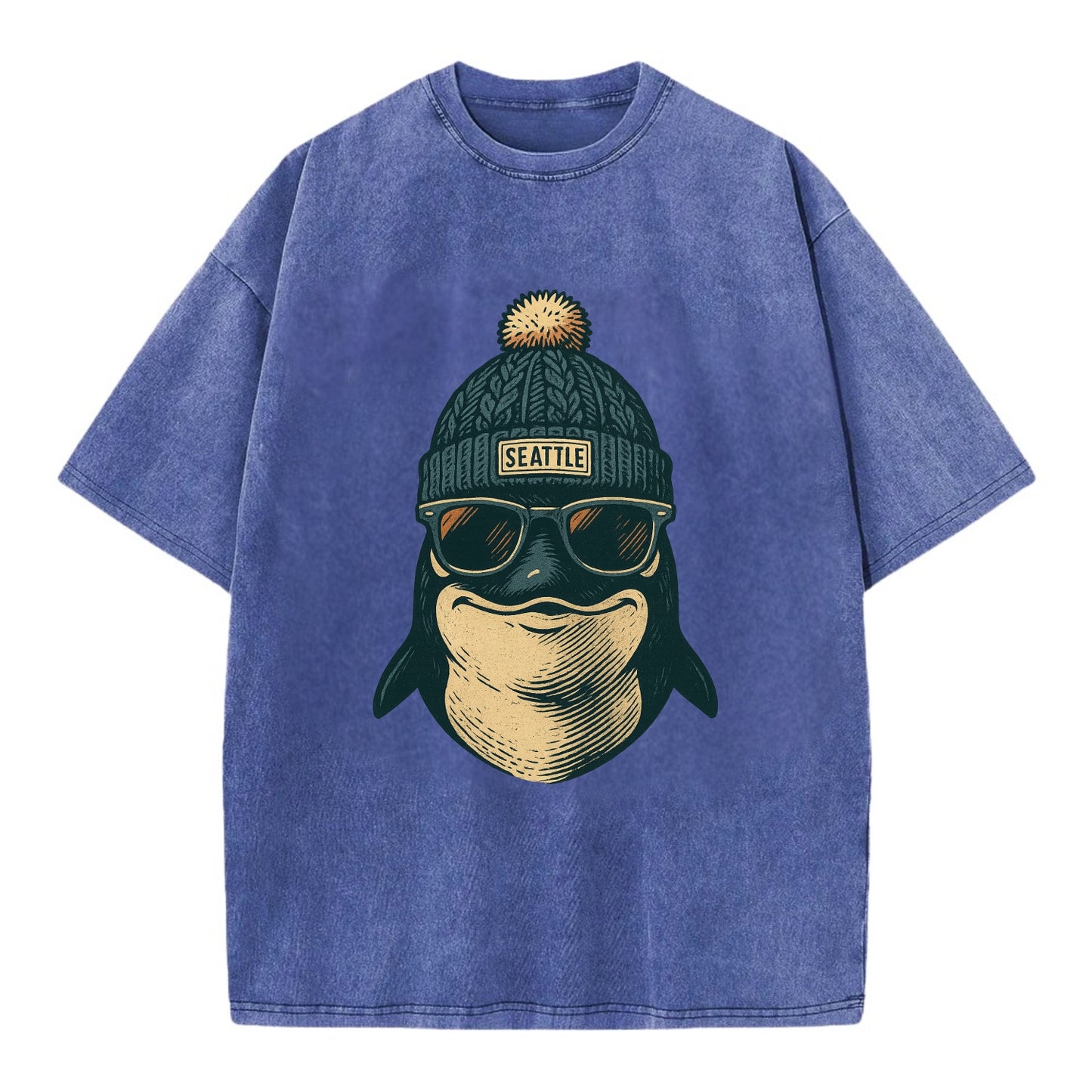 Washington Orca wearing Seattle beanie with pom pom and wayfarer sunglasses - Vintage T-shirt - Blue