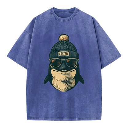 Washington Orca wearing Seattle beanie with pom pom and wayfarer sunglasses - Vintage T-shirt - Blue