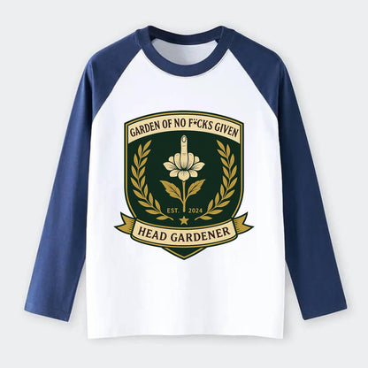 Shield with middle finger flower - "Garden of No F*cks Given - Head - Raglan Long Sleeve T-Shirt - Blue