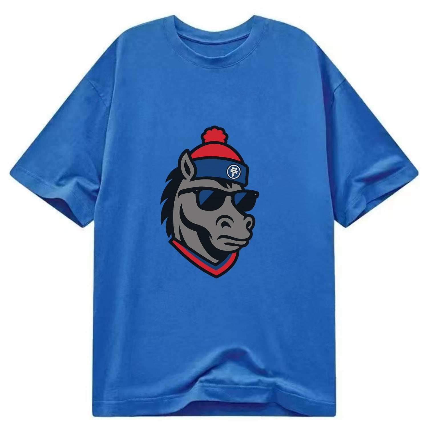 Detroit Stallion wearing Pistons red and blue beanie with piston patch and - Classic T-shirt - Blue