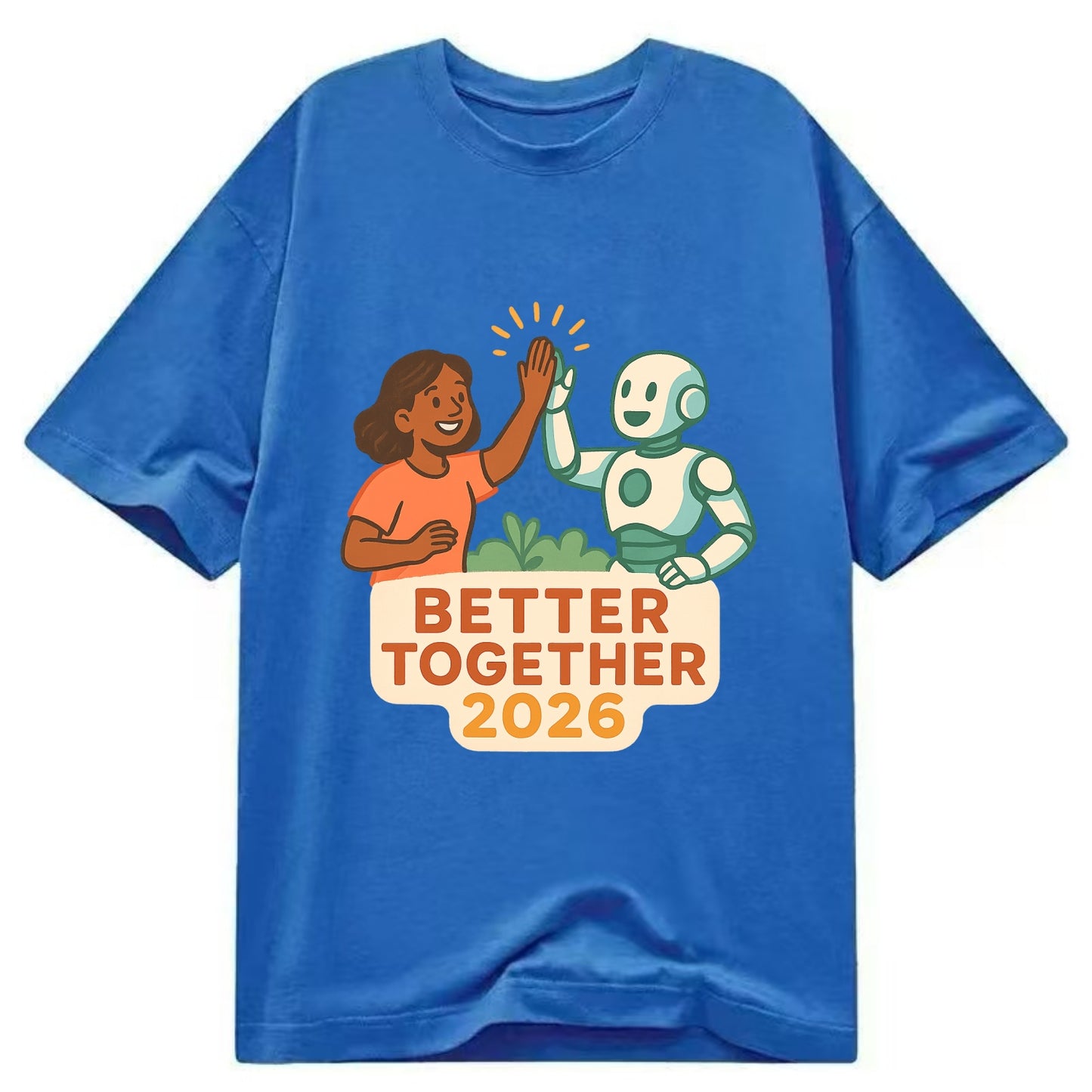 Human and AI robot high-fiving as collaborative partners - "Better Together 2026" - Classic T-shirt - Blue