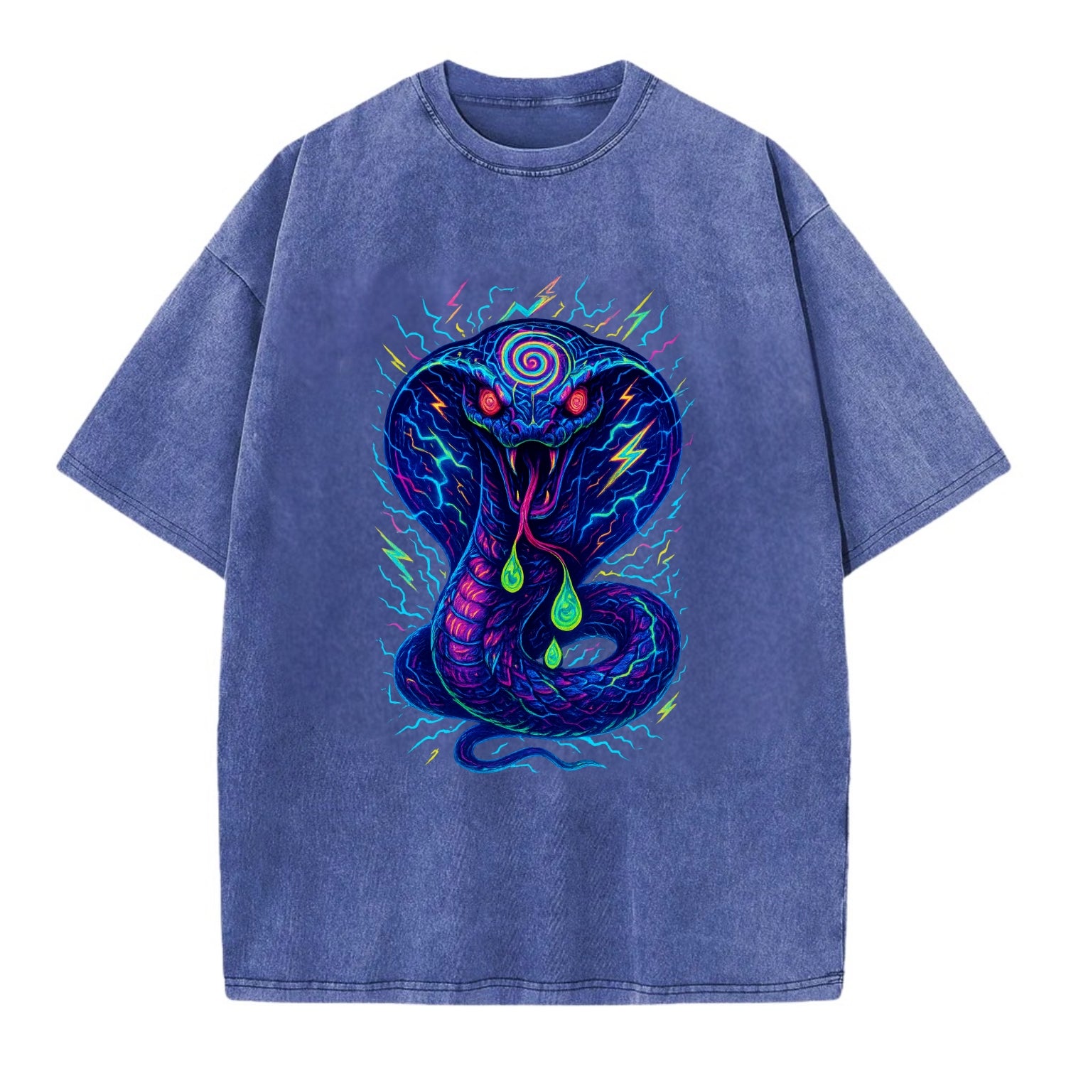 Mesmerizing cobra with hypnotic spiral patterns in the hood, scales that shimmer - Vintage T-shirt - Blue