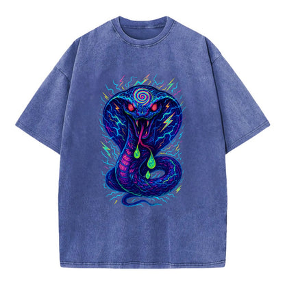 Mesmerizing cobra with hypnotic spiral patterns in the hood, scales that shimmer - Vintage T-shirt - Blue