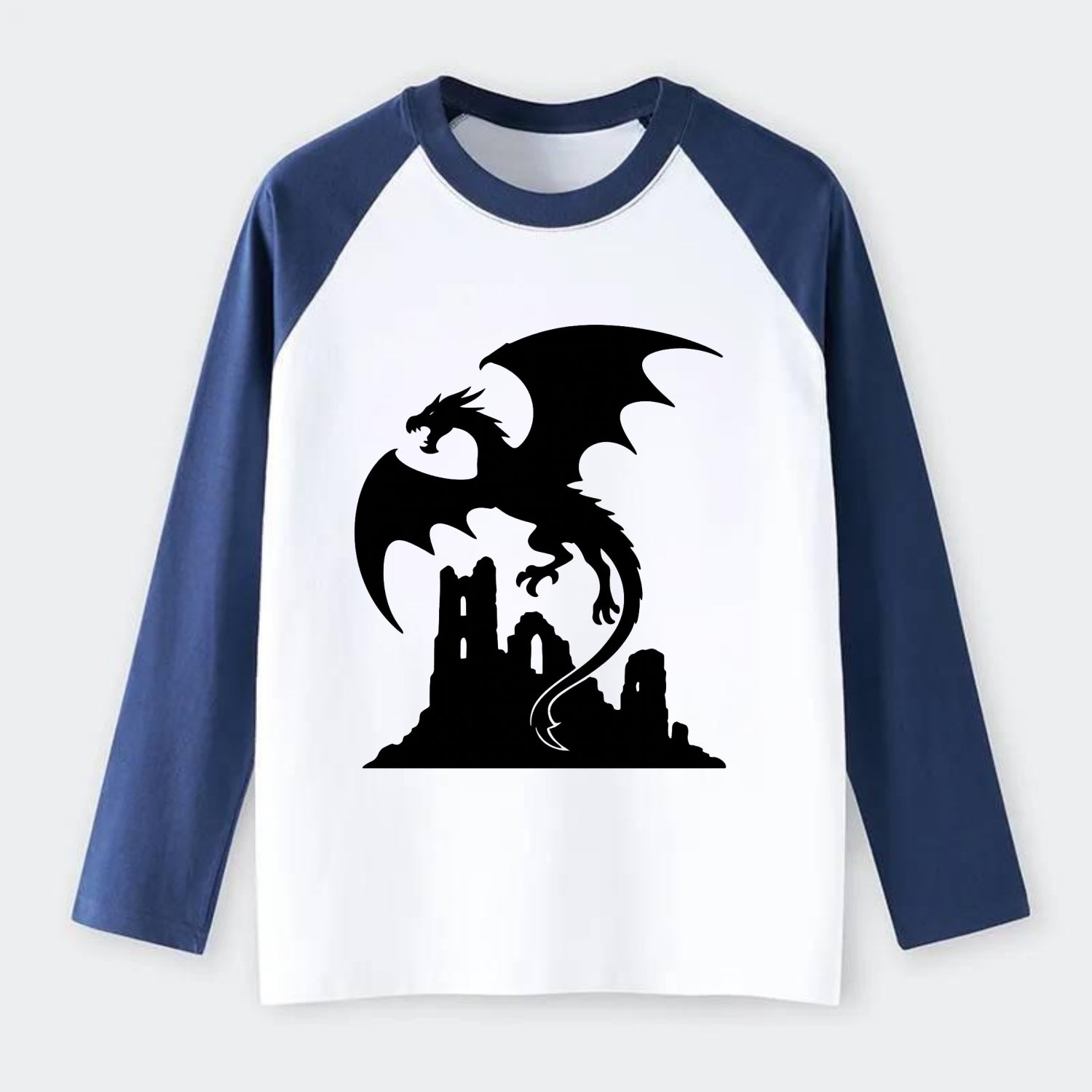Dragon flying over castle ruins - Raglan Long Sleeve T-Shirt - Blue