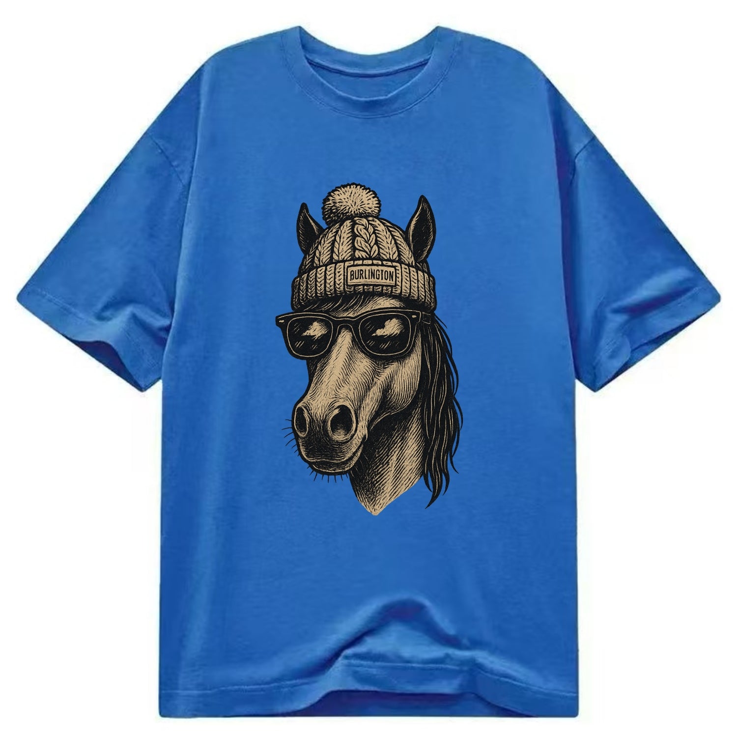 Vermont Morgan Horse wearing Burlington beanie with pom pom and wayfarer - Classic T-shirt - Blue