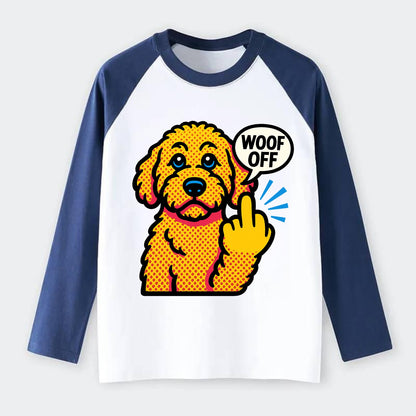 Goldendoodle with teddy bear face and curly golden coat, friendly paw - Raglan Long Sleeve T-Shirt - Blue