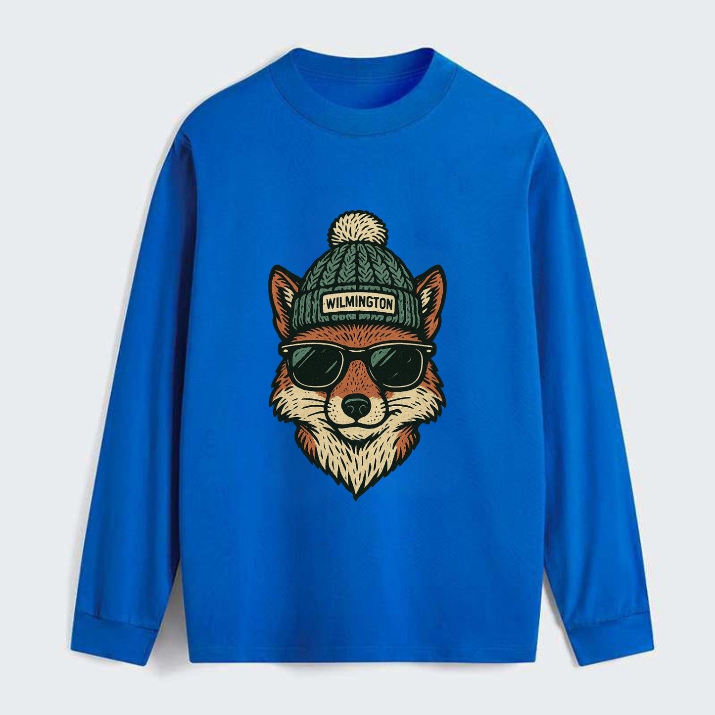 Delaware Gray Fox wearing Wilmington beanie with pom pom and wayfarer - Classic Long Sleeve Shirt - Blue