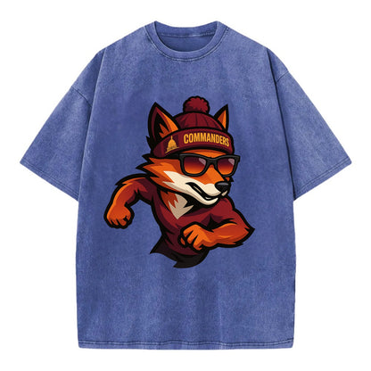 Washington Fox wearing Commanders beanie with Capitol patch and wayfarer - Vintage T-shirt - Blue