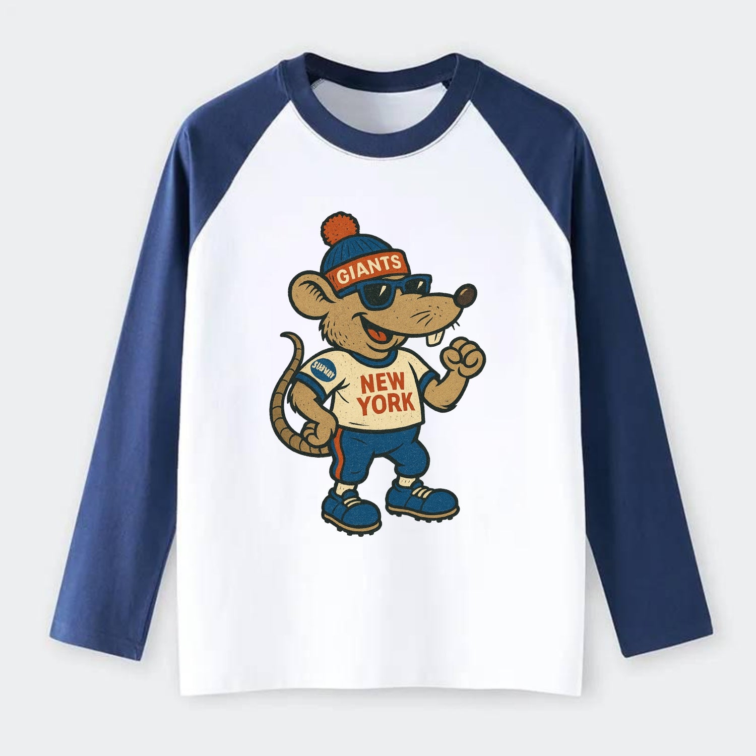 New York Rat wearing Giants beanie with subway patch and wayfarer - Raglan Long Sleeve T-Shirt - Blue