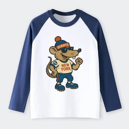 New York Rat wearing Giants beanie with subway patch and wayfarer - Raglan Long Sleeve T-Shirt - Blue