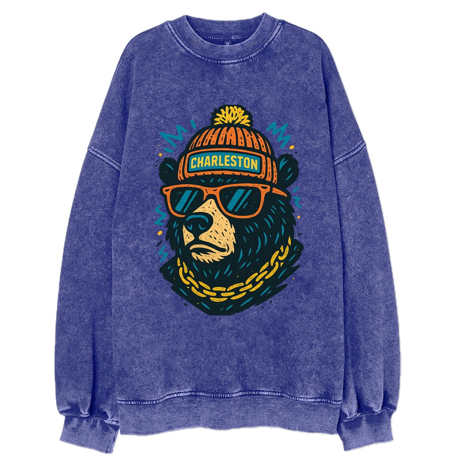 West Virginia Black Bear wearing Charleston beanie with pom pom and wayfarer - Vintage Sweatshirt - Blue