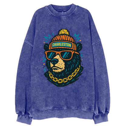 West Virginia Black Bear wearing Charleston beanie with pom pom and wayfarer - Vintage Sweatshirt - Blue