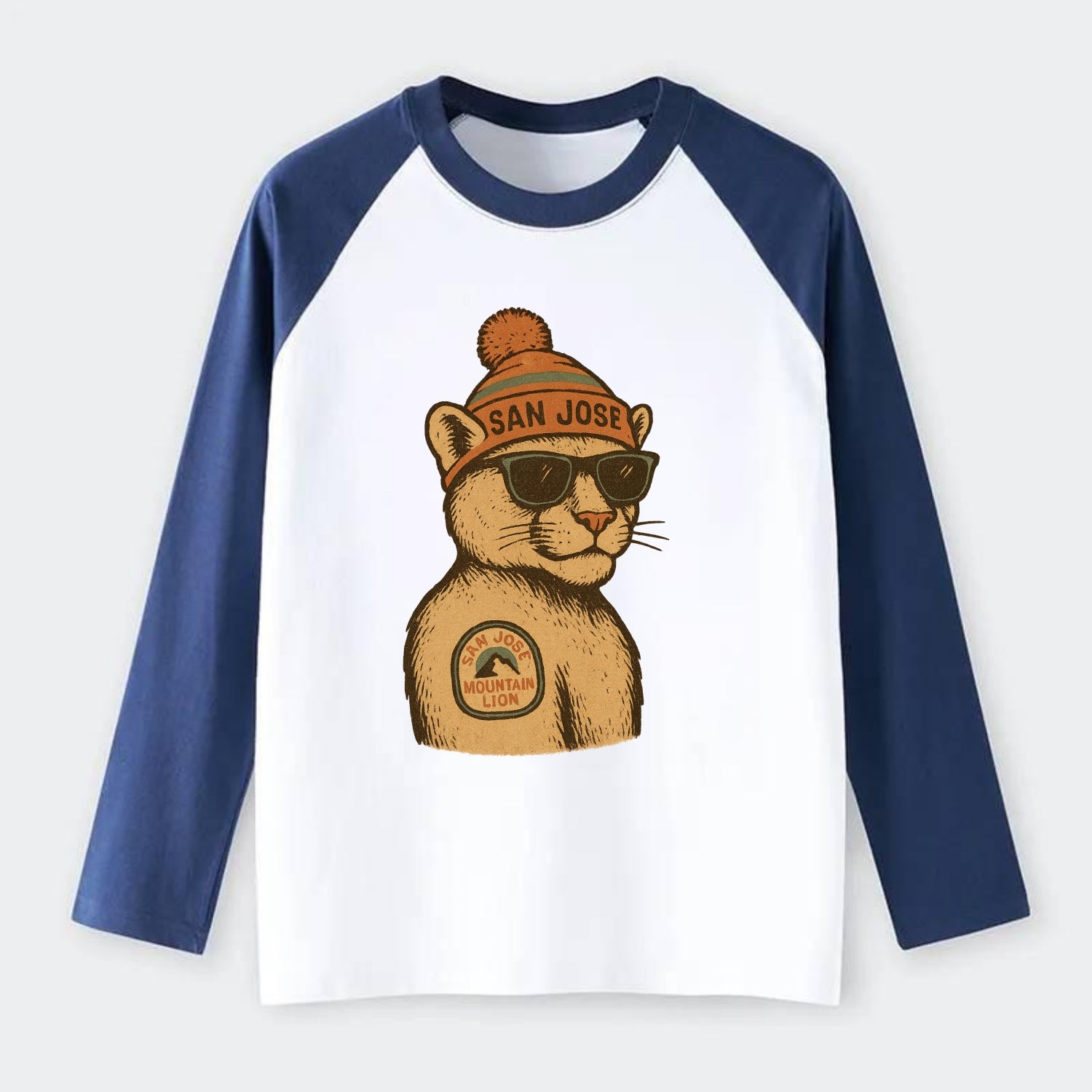 San Jose Mountain Lion wearing San Jose beanie with pom pom and - Raglan Long Sleeve T-Shirt - Blue